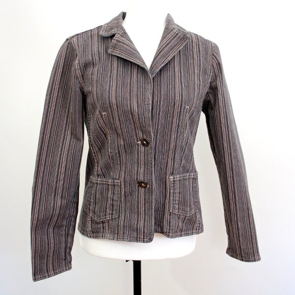Vintage POINT ZERO Jacket Brown Grey Striped Stretch Cotton Blend Pockets Size S - Picture 4 of 11